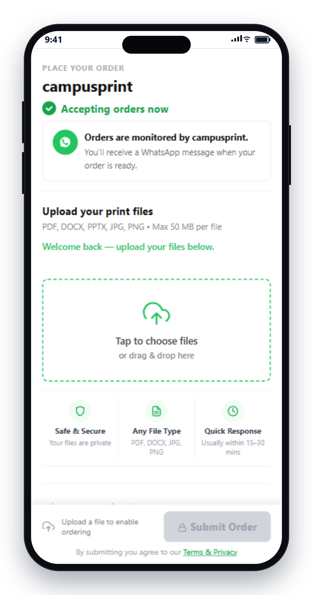 Customer order form on phone